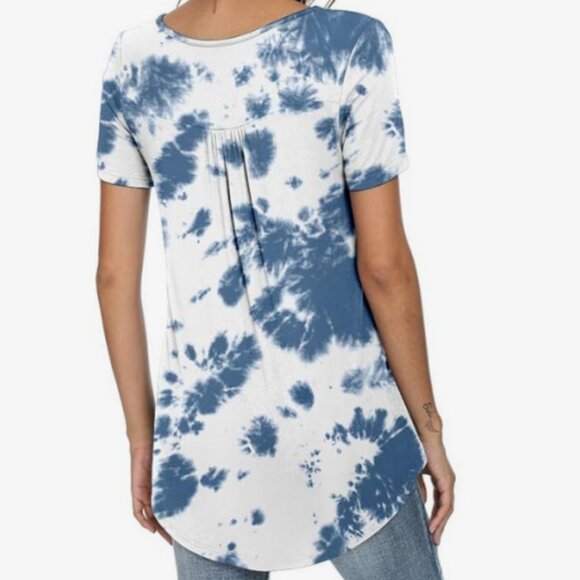 POPYOUNG Short Sleeve Henley V-Neck Loose Fit Pleated Tunic Size M NWT - Picture 2 of 2